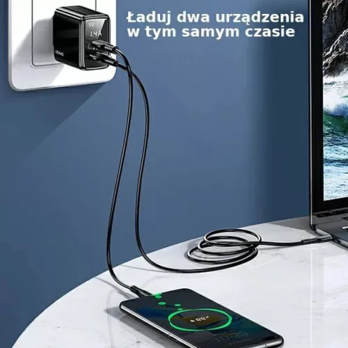 USAMS T40 hálózati töltő adapter 1xUSB-C + 1xUSB 20 W LED kijelzővel PD3.0 + QC3.0 Gyorstöltés fekete (US-CC133)