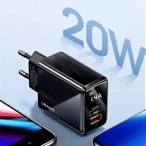 USAMS T40 hálózati töltő adapter 1xUSB-C + 1xUSB 20 W LED kijelzővel PD3.0 + QC3.0 Gyorstöltés fekete (US-CC133)
