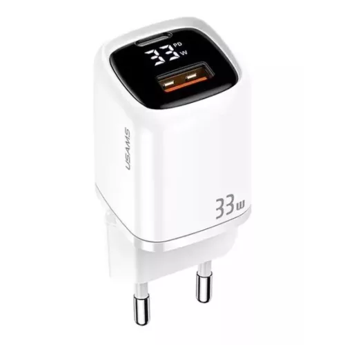 USAMS T46 hálózati töltő adapter 1xUSB-C + 1xUSB 33W PD3.0 + QC3.0 Gyorstöltés fehér (US-CC152)