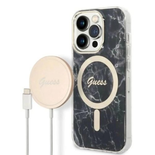Guess GUBPP14LHMEACSK telefontok és töltő iPhone 14 Pro 6.1" fekete/fekete kemény tok Márvány MagSafe