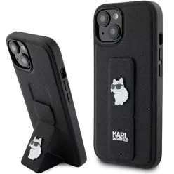   iPhone 15 Plus / 14 Plus Fekete Karl Lagerfeld Gripstand Saffiano Choupette Pins tok