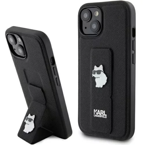 iPhone 15 Plus / 14 Plus Fekete Karl Lagerfeld Gripstand Saffiano Choupette Pins tok