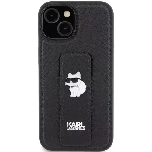 iPhone 15 Plus / 14 Plus Fekete Karl Lagerfeld Gripstand Saffiano Choupette Pins tok