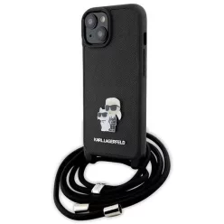   iPhone 15 Plus Fekete Karl Lagerfeld Crossbody Saffiano Fém Pin Karl & Choupette tok