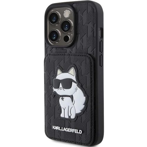 iPhone 15 Pro Max Karl Lagerfeld Saffiano Cardslots és Állványos Monogram Choupette tok - Fekete