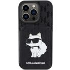iPhone 15 Pro Max Karl Lagerfeld Saffiano Cardslots és Állványos Monogram Choupette tok - Fekete