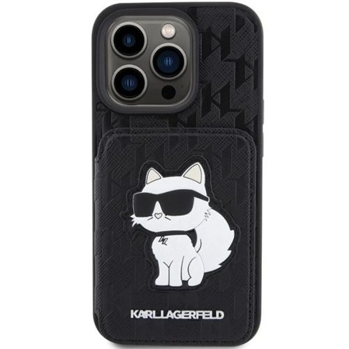 iPhone 15 Pro Max Karl Lagerfeld Saffiano Cardslots és Állványos Monogram Choupette tok - Fekete