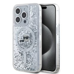  iPhone 15 Pro Max Átlátszó Karl Lagerfeld Folyékony Csillám Karl és Choupette Fejek MagSafe tok