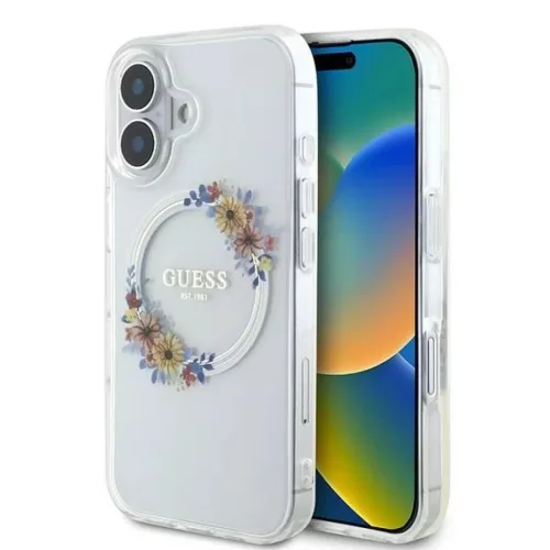 iPhone 16 Plus Átlátszó Guess IML Flowers Wreath MagSafe tok