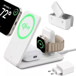   ESR Prémium Utazó Vezeték Nélküli Töltő Készlet (2C569) - Táska Kiegészítőkkel, iPhone-hoz, MFi Apple Watch-hoz, AirPods-hoz, Qi2 Fehér