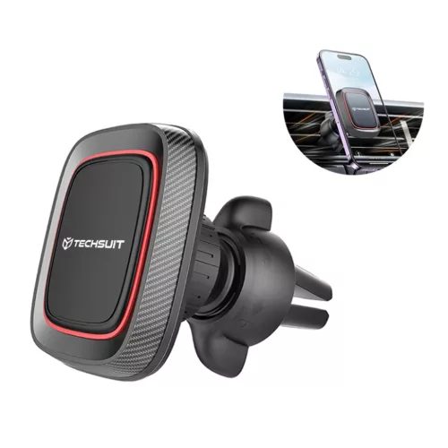Autós tartó Techsuit MagGrip (S4) - Biztonságos mágneses tartás légkondicionáló rácshoz, 360°-os forgatás, fémlemezekkel - Fekete/Piros.