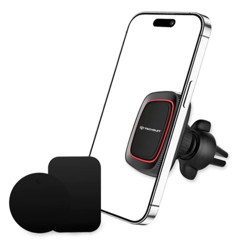 Autós tartó Techsuit MagGrip (S4) - Biztonságos mágneses tartás légkondicionáló rácshoz, 360°-os forgatás, fémlemezekkel - Fekete/Piros.