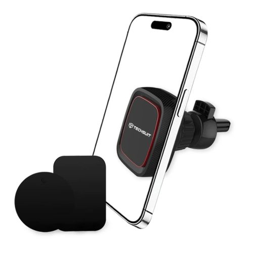 Autós tartó Techsuit MagGrip (S5) - Biztonságos mágneses rögzítés szellőzőrácsba, 360°-os forgatási szög, fémlemezekkel - Fekete/Piros.