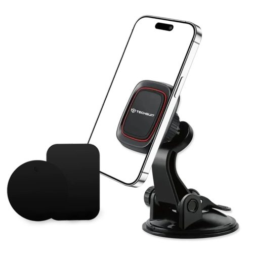 Autó Mágneses tartó Techsuit MagGrip (S6) műszerfalra, 360°-os forgatás, tapadókorong, 2 fém lemez - Fekete/Piros