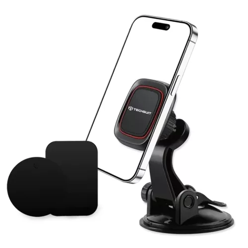 Autó Mágneses tartó Techsuit MagGrip (S6) műszerfalra, 360°-os forgatás, tapadókorong, 2 fém lemez - Fekete/Piros