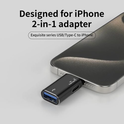 Techsuit - Prémium OTG Adapter AluVoltX (A18) - USB Lightning csatlakozóhoz, Plug and Play, Alumínium ötvözet, Gyors adatátvitel - Fekete