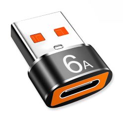   Telefontöltésre és adatátvitelre való Techsuit - HyperPort (A4) OTG Adapter - Type-C női csatlakozó USB férfi típusra, 5Gbps, 6A, 120W, fekete/narancs színben.