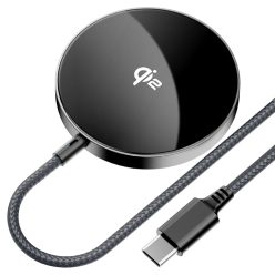   Acefast - Vezeték nélküli mágneses töltő (E24) - MagSafe, Gyors töltés, Qi2, Type-C, 15W, 2.25A, Edzett üveg, 1.2m - Fém szürke
