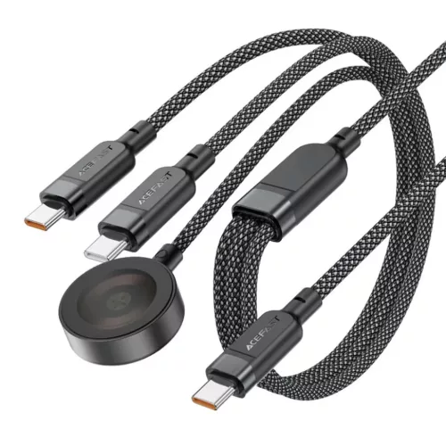 Acefast - Adatkábel (C6-11) - Gyors töltés, 2x Type-C, Vezeték nélküli töltő USB-C-hez, 3 az 1-ben, 100W, 5A, 5W, 480Mb/s, 1.2m - Fekete