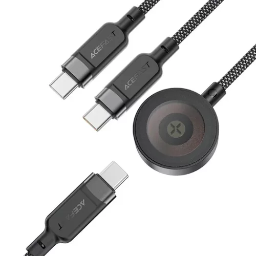 Acefast - Adatkábel (C6-11) - Gyors töltés, 2x Type-C, Vezeték nélküli töltő USB-C-hez, 3 az 1-ben, 100W, 5A, 5W, 480Mb/s, 1.2m - Fekete