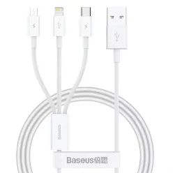   Baseus - Adatkábel Gyors Töltéssel, USB-ről USB-C, Lightning, Micro-USB csatlakozóra, 100W, 480Mbps, 1.5m hosszú - Fehér