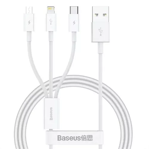 Baseus - Adatkábel Gyors Töltéssel, USB-ről USB-C, Lightning, Micro-USB csatlakozóra, 100W, 480Mbps, 1.5m hosszú - Fehér