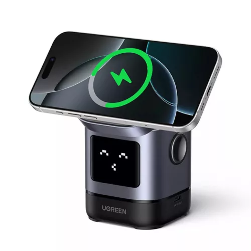Ugreen - Vezeték nélküli töltő 2 az 1-ben W709 (45775) - Intelligens kijelző, MagSafe, iPhone-hoz, AirPods-hoz, USB-C, Vicces emoji, 25W - Fekete