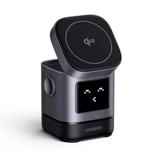 Ugreen - Vezeték nélküli töltő 2 az 1-ben W709 (45775) - Intelligens kijelző, MagSafe, iPhone-hoz, AirPods-hoz, USB-C, Vicces emoji, 25W - Fekete