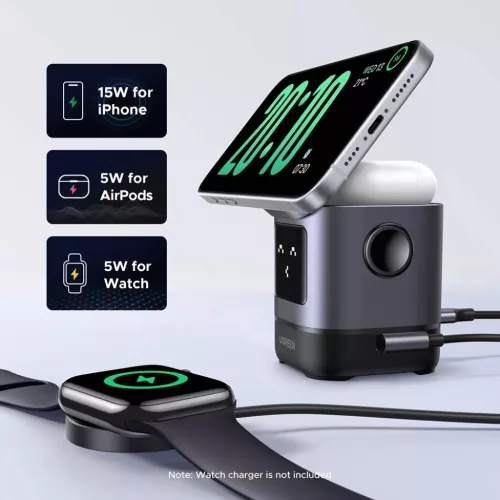 Ugreen - Vezeték nélküli töltő 2 az 1-ben W709 (45775) - Intelligens kijelző, MagSafe, iPhone-hoz, AirPods-hoz, USB-C, Vicces emoji, 25W - Fekete