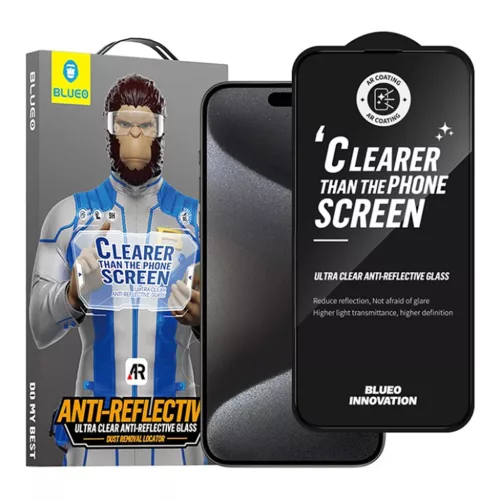 Blueo - Tükröződésmentes HD üveg - iPhone 15 / iPhone 16 - Fekete üvegfólia