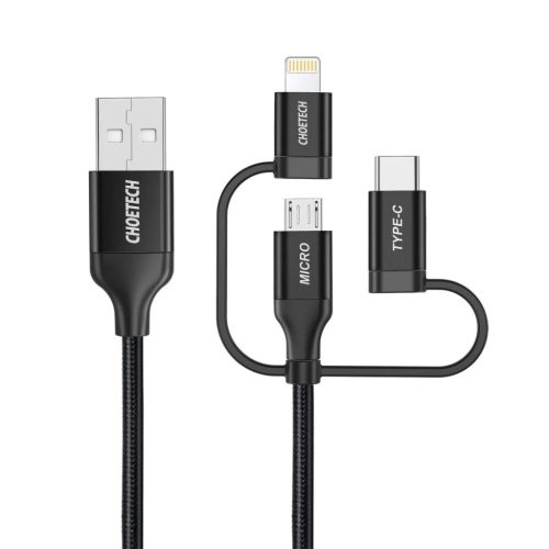 Choetech 3in1 MFI kábel USB - USB Type C / micro USB / Lightning (3A / 480 Mbps) 1.2m fekete (IP0030-BK)