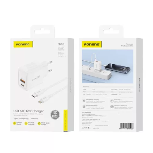 Foneng EU56 1xUSB-A, 1xUSB-C, 20W (Fehér) + USB-A - Lightning kábel