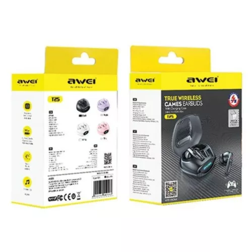Bluetooth 5.3 TWS Fülhallgató + AWEI T25 Dokkolóállomás, fekete