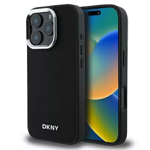 iPhone 16 Pro Fekete DKNY Plain Silver Logo MagSafe tok