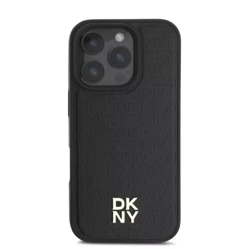 iPhone 16 Pro fekete DKNY PU bőr ismétlődő mintázatú logó MagSafe tok