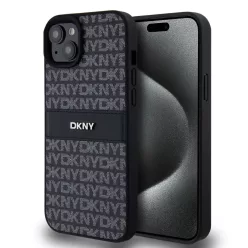   DKNY PU Leather Repeat Pattern Tonal Stripe tok iPhone 15 Plus fekete