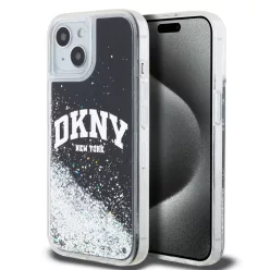iPhone 15 Fekete DKNY Liquid Glitter íves logós tok