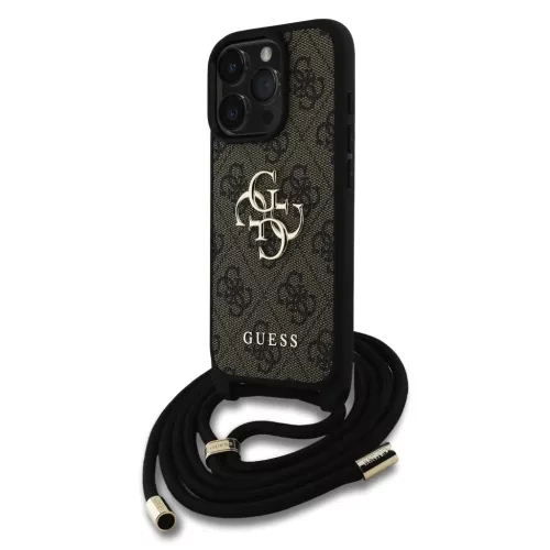 iPhone 16 Pro Barna Guess PU 4G Fém Logós Crossbody Pántos Tok