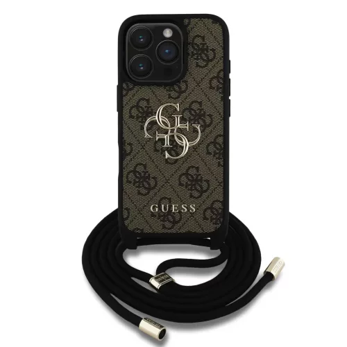 iPhone 16 Pro Barna Guess PU 4G Fém Logós Crossbody Pántos Tok