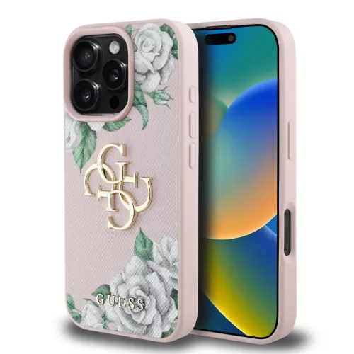 iPhone 16 Pro Pink Guess PU Grained Roses 4G Metal Logo tok
