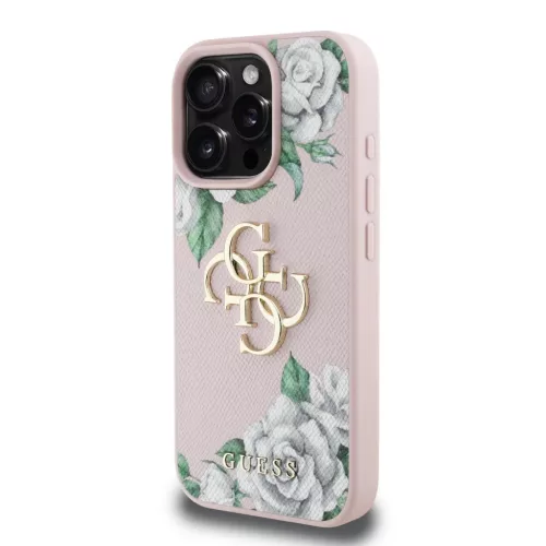 iPhone 16 Pro Pink Guess PU Grained Roses 4G Metal Logo tok