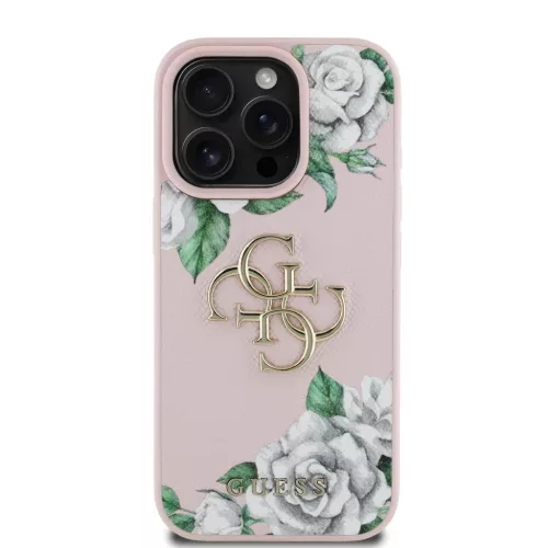 iPhone 16 Pro Pink Guess PU Grained Roses 4G Metal Logo tok