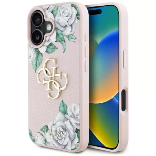 iPhone 16 rózsaszín Guess Grained Roses Big 4G logo tok