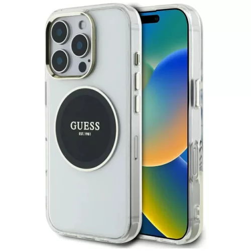 iPhone 16 Pro fekete Guess IML Fém Színes Kör Klasszikus Logo MagSafe tok