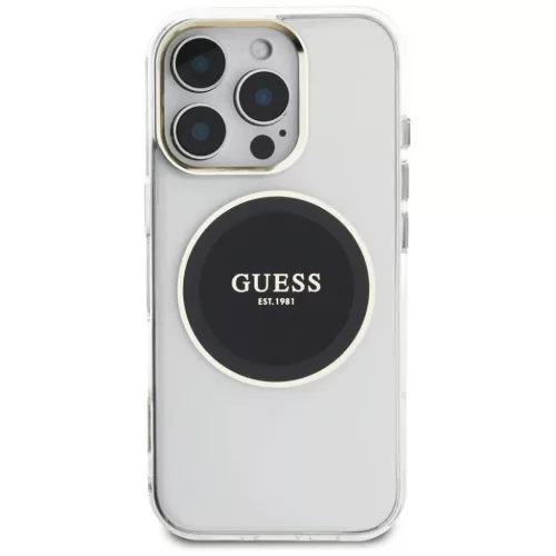 iPhone 16 Pro fekete Guess IML Fém Színes Kör Klasszikus Logo MagSafe tok
