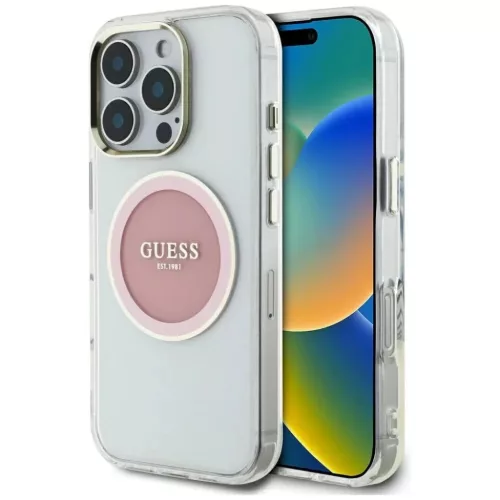 iPhone 16 Pro Rózsaszín Guess IML Metal Colored Circle Classic Logo MagSafe tok
