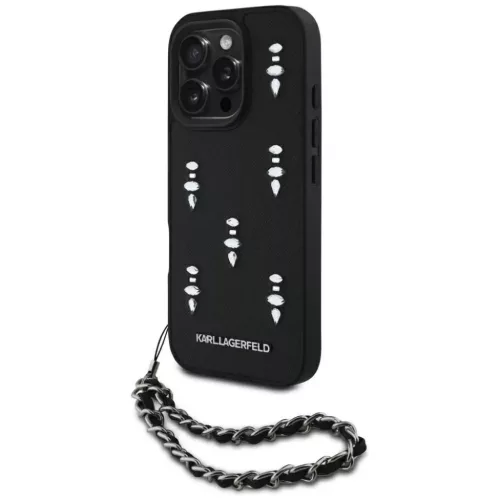 iPhone 16 Pro Fekete Karl Lagerfeld Saffiano Crystals lánccal tok