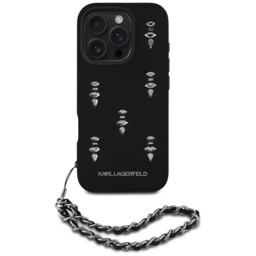 iPhone 16 Pro Fekete Karl Lagerfeld Saffiano Crystals lánccal tok