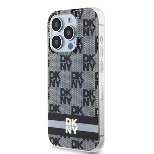 Eredeti DKNY hardcase IML kockás mono minta és nyomott csíkok MagSafe DKHMP14LHCPTSK tok iPhone 14 Pro fekete