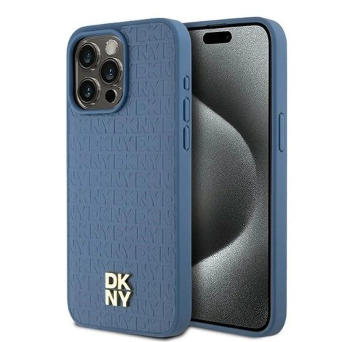 Original Case DKNY keménytok Bőr Monogramm Minta Fém Logó MagSafe DKHMP15XPSHRPSB iPhone 15 Pro Max tok kék